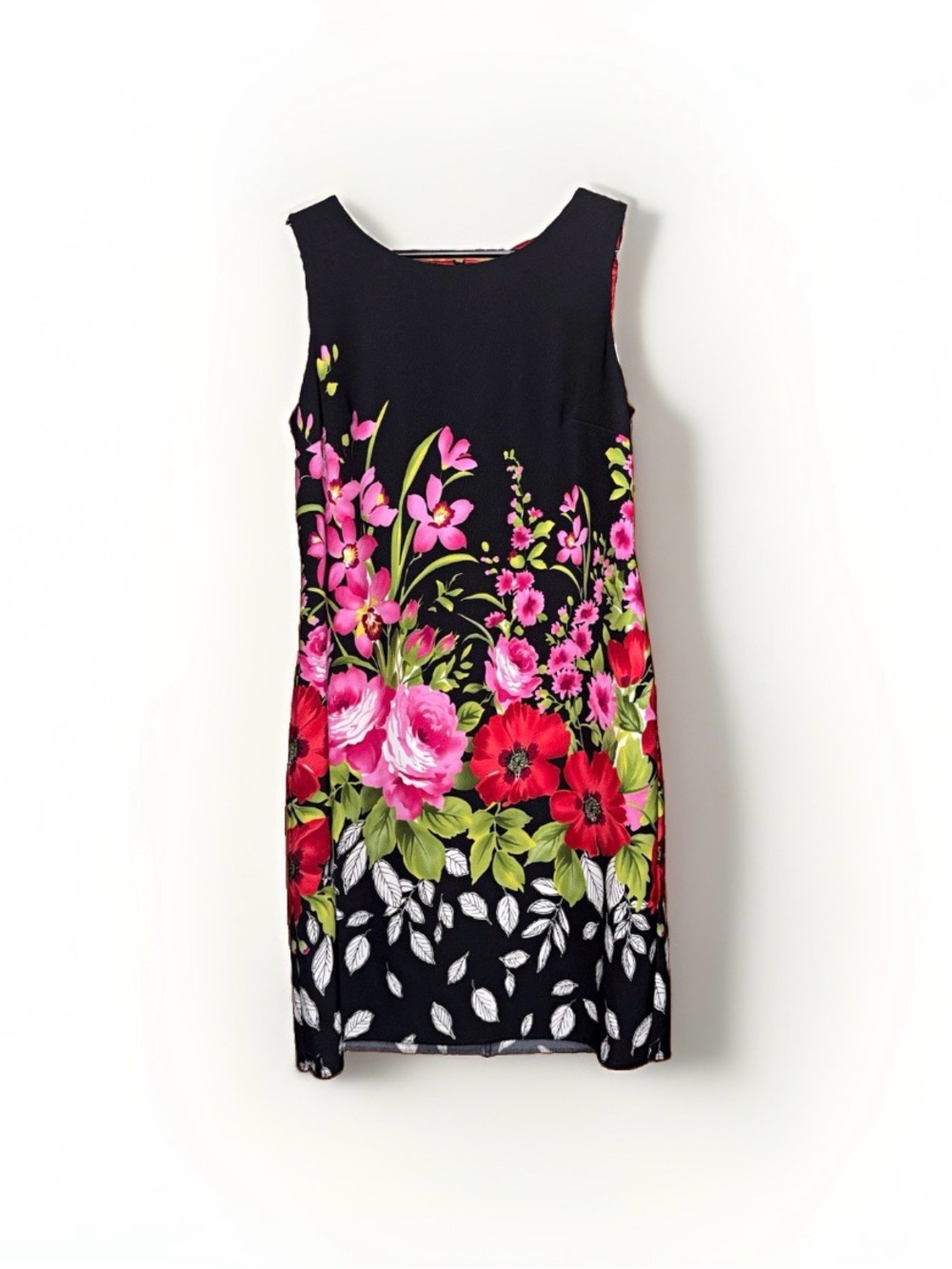 connected apparel Black Floral Shift Dress with Pink & Red Blooms